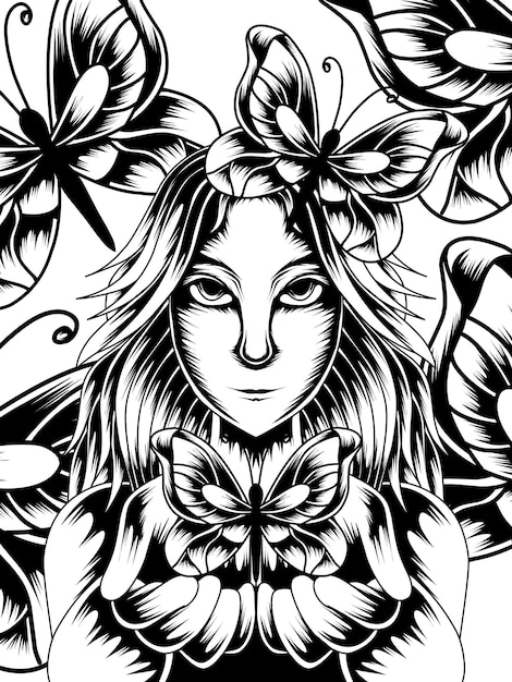 butterfly girl illustration holding out her hand line art