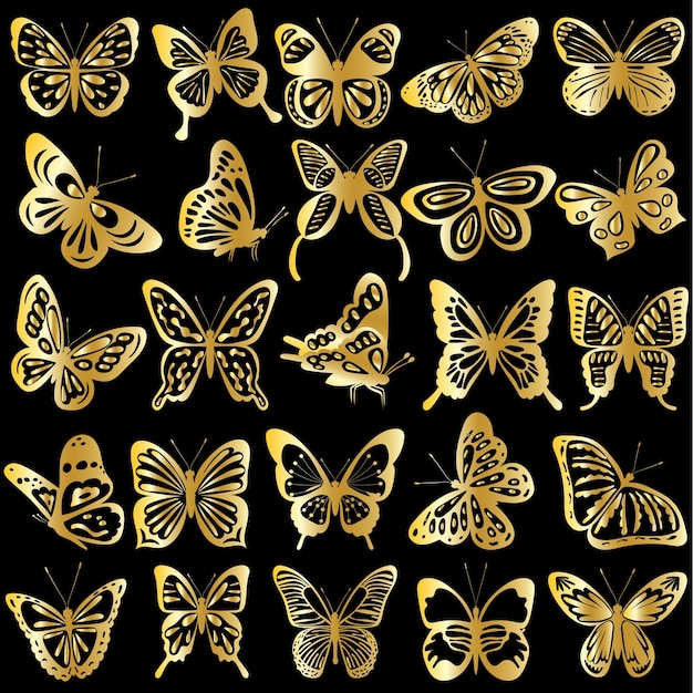 Butterfly golden silhouette on black background isolated vector