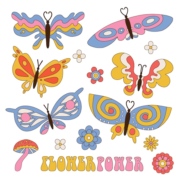 Butterfly groovy sticker 1970s set Collection of vintage hippie butterflies and flowers Bright contour design Linear hand drawn vector illustration