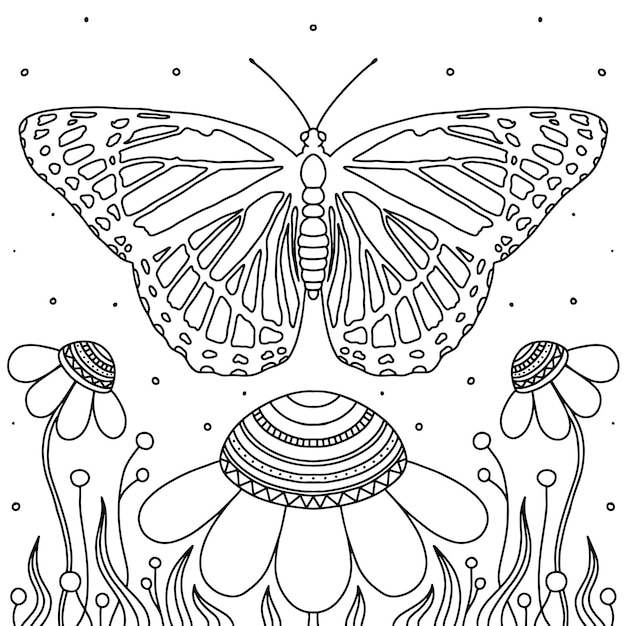 Butterfly. Hand drawn patterned in doodle. Coloring book page for adults and child.