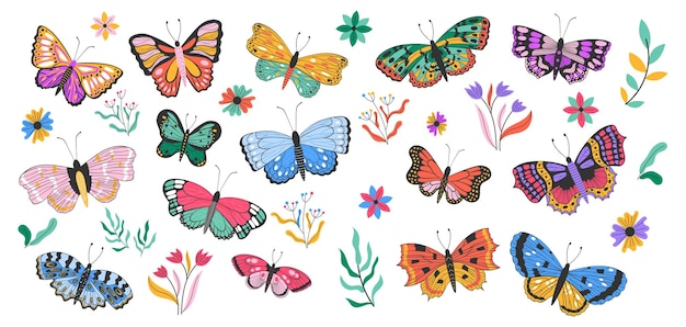 Butterfly insects set flowers and leaves colorful moths Cute nature flying animals decoration elements Beautiful exotic tropical beauty doodle objects Vector cartoon flat collection