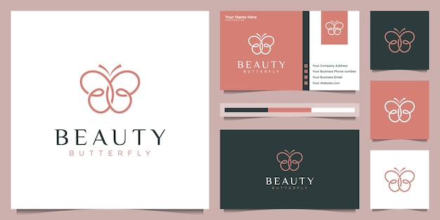 Butterfly logo design and business card. beauty logo concept with infinity loop liner style.