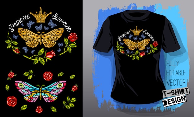 Butterfly moth golden embroidery queen crown textile fabrics t shirt design lettering gold wings insect luxury fashion embroidered style Hand drawn    illustration