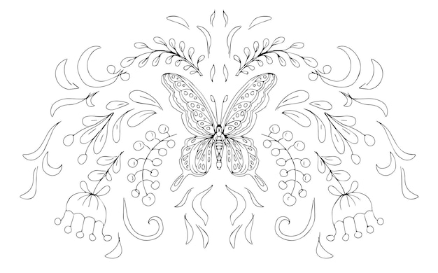 Butterfly ornament folk stylization symmetry abstract flowers graphic illustration hand drawn