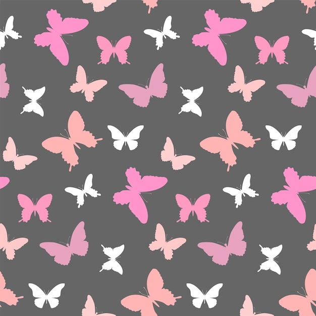 Butterfly pattern Seamless background with pink and white butterflies on a gray background Vector