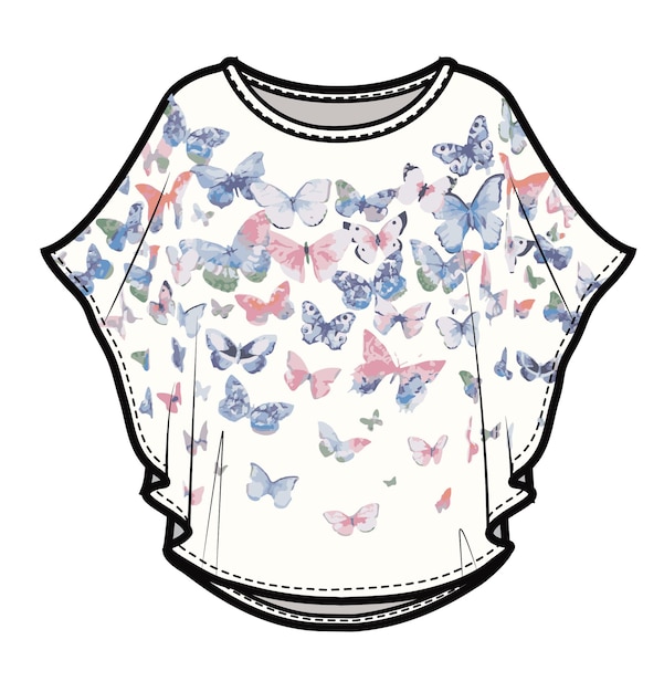 BUTTERFLY PRINT KNIT PONCHO TOP FOR KID GIRLS AND TEEN GIRLS IN EDITABLE VECTOR FILE