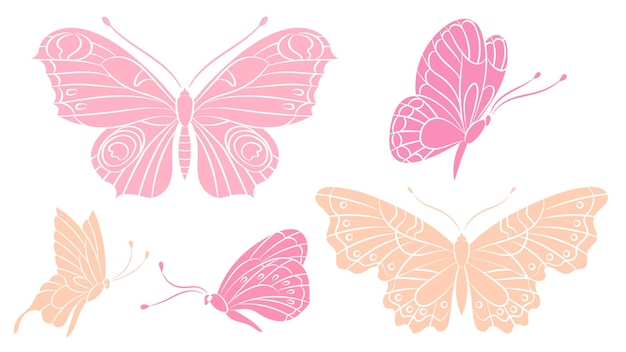 Butterfly silhouettes Pink peach color butterflies Isolated flying insects Decorative print wild characters Spring summer seasonal vector set