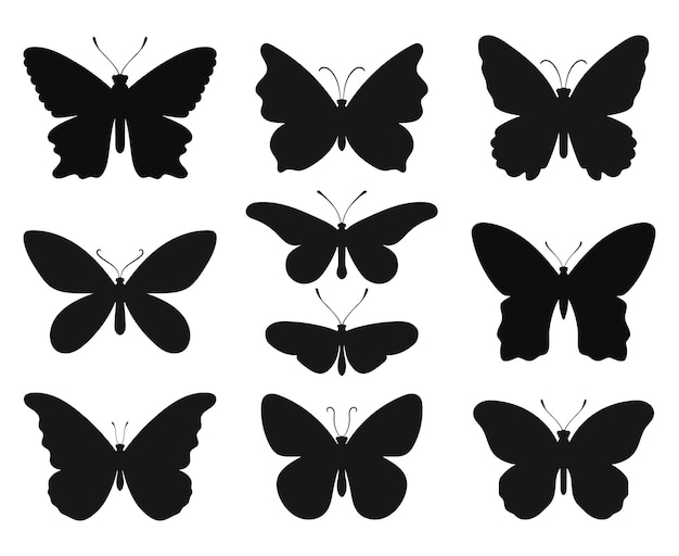 Butterfly silhouettes set. Black stencils shapes of butterflies and moths, contours spring papillon, vector illustration symbols of outlines fauna creatures isolated on white backgr