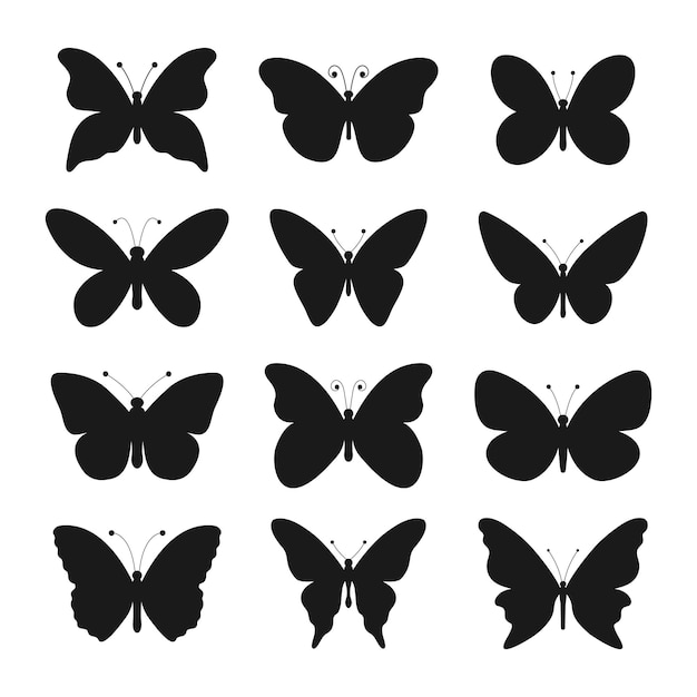 Butterfly silhouettes set Various butterflies shapes collection