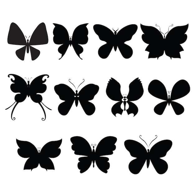 Butterfly silouettes set isolated on white