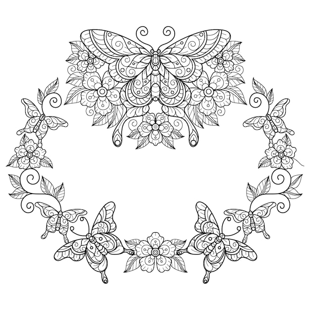 Butterfly wreath Hand drawn sketch illustration for adult coloring book