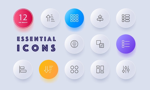 Button menu set icon Arrows tiles sliders buttons for the site and presentation list checkmarks charts circles shapes etc Chart concept Neomorphism style Vector line icon for Business