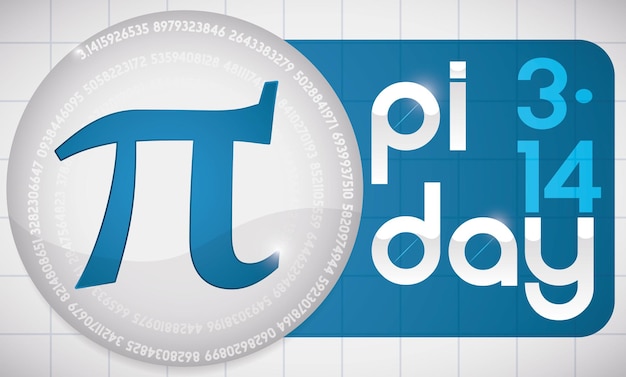 Button with a part of pi value in spiral and Greek symbol inside of it on a blue label for Pi Day