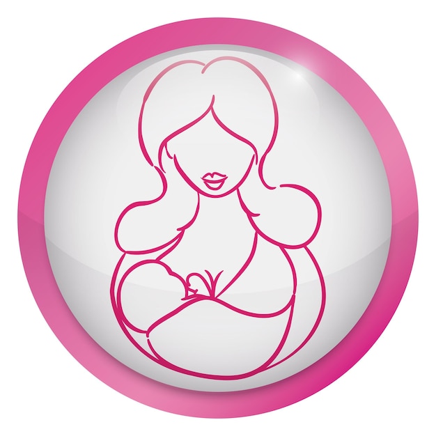 Button with pink frame and mommy breastfeeding her baby inside of it isolated over white background