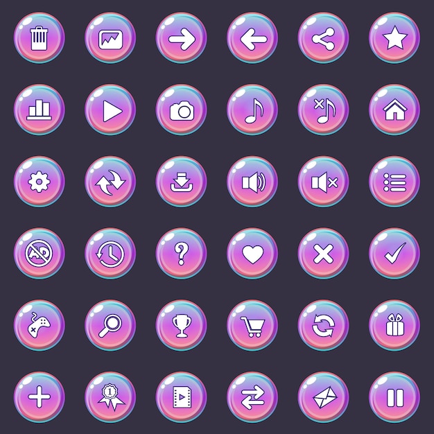 Buttons and icon set design for game or web is gradient color.