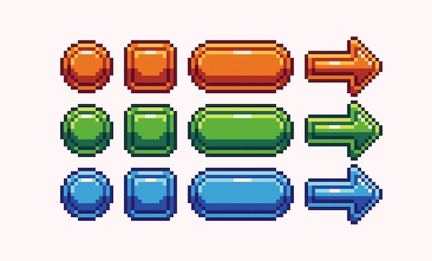 Buttons pixel art set. Square, circle, arrow push interface collection. 8 bit sprite.