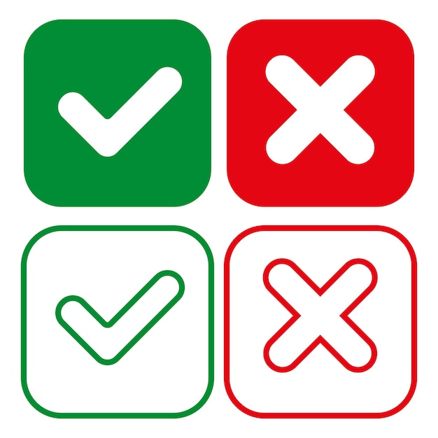 Buttons for voting selecting elections Set of checkmarks in square shapes OK sign and X icon