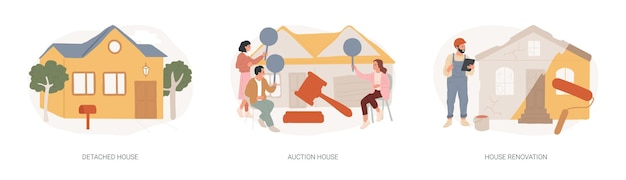 Vector buy family home isolated concept vector illustration set detached and auction house house renovation residential and commercial property remodeling house listing design project vector concept