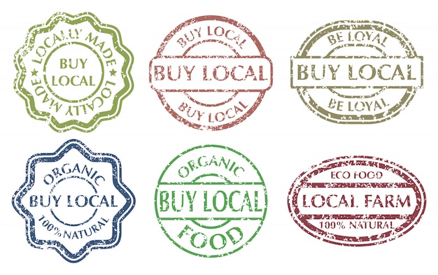 Buy local sign. Grunge rubber multicolor stamps set