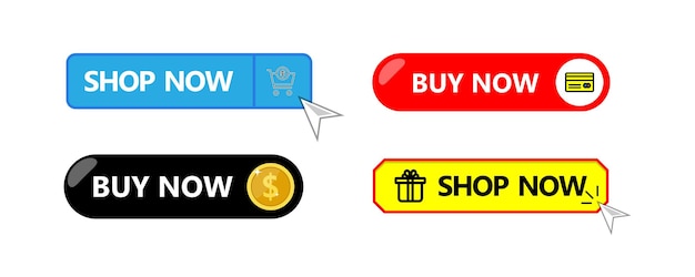 Buy now button with shopping cart. Shop now. Modern collection for web site. Online shopping