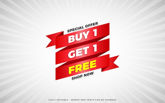 Buy one get one free sale banner design template with editable text effect