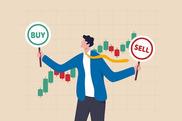 Buy or sell in stock market and crypto currency trading investment decision wealth management or financial concept businessman investment analyst holding buy or sell sign with candlestick chart