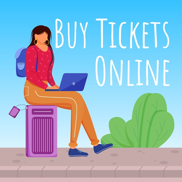 Buy tickets online social media post . Making reservation in internet. Advertising banner design template. Social media booster, content layout. Promotion poster, ads with flat illustrations