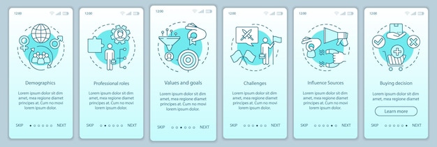 Buyer persona turquoise gradient onboarding mobile app page screen vector template. Human activity walkthrough website steps with linear illustrations. UX, UI, GUI smartphone interface concept