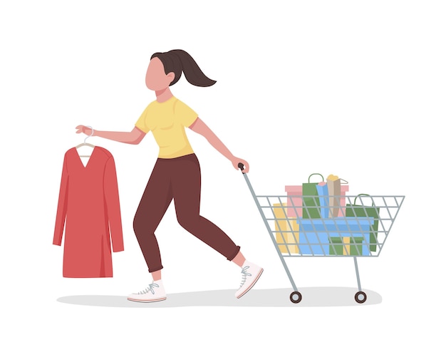 Buyer with shopping cart semi flat color vector character. Running figure. Full body person on white. Black friday isolated modern cartoon style illustration for graphic design and animation