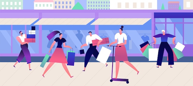 Buyers at fashion store. Shopping people with boxes and bags walking street near outlet boutique. Fashionable clothes vector concept with flat men and women