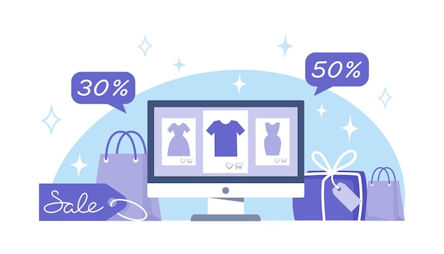 Buying clothes online with a discount on sale, in flat style