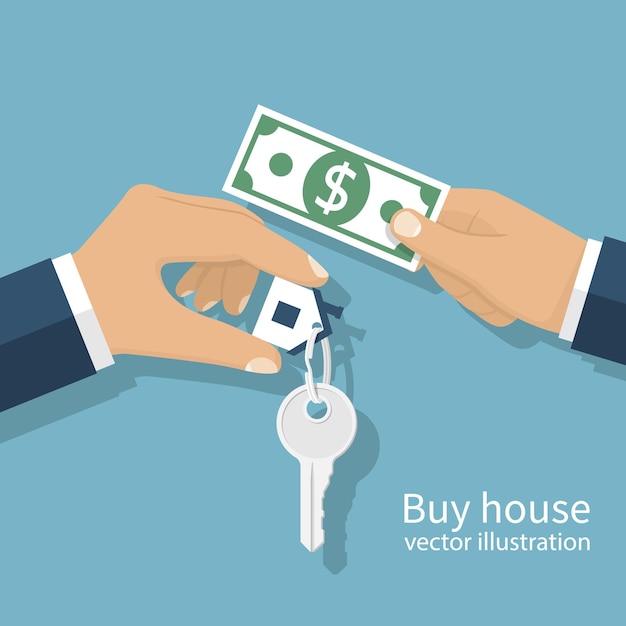 Buying house concept Agent of Real Estate holds a key to the house money in the customer's hand Vector illustration flat design