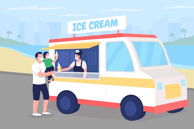 Buying ice cream on beach during pandemic flat color illustration