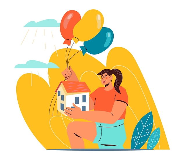 Buying a new home concept with woman holding house in her hands flat vector isolated