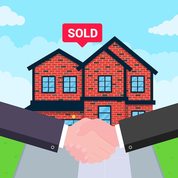 Buying new house on sale Two hands shaking big deal agreement flat style vector illustration