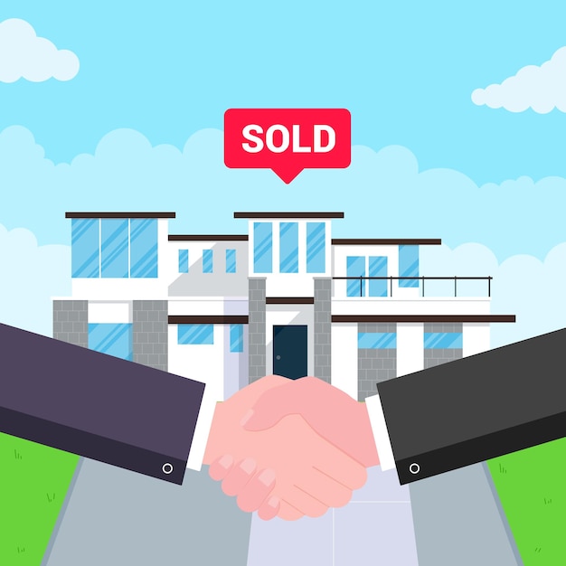 Buying new house on sale Two hands shaking big deal agreement flat style vector illustration