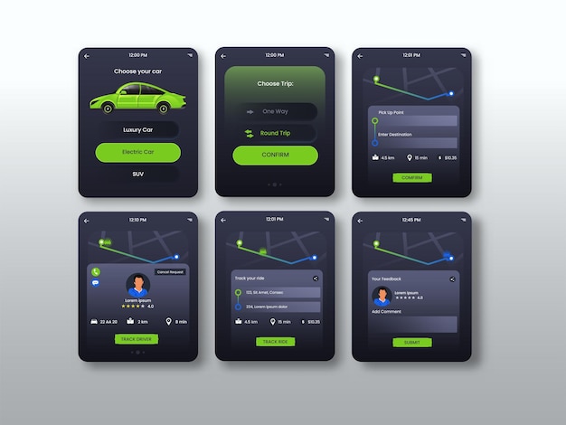 Cab booking app UI UX screens for smart watches with cab tracking and driver details features