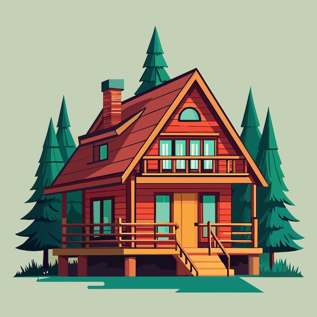 cabin House with a chimney in a mountainous forested landscape Vector Illustration