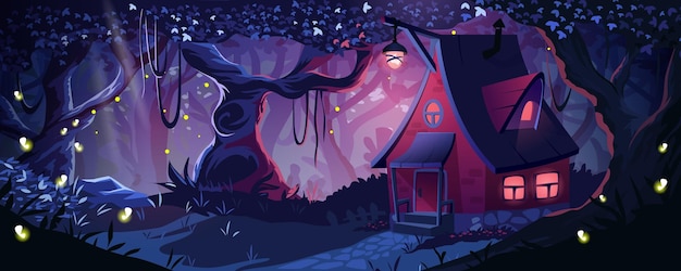 Cabin in night forest Cartoon house with glowing windows or lamp in mystic dark wood Nighttime panorama Fairy tale cottage in mysterious woodland Fantasy landscape Vector illustration