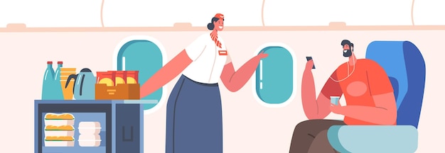 Cabin of Plane with Stewardess and Passenger Mealtime in Economy Class Woman Air Hostess with Food Cart in Aisle of Salon Offer Drinks or Food to Man Journey Jet Trip Cartoon Vector Illustration