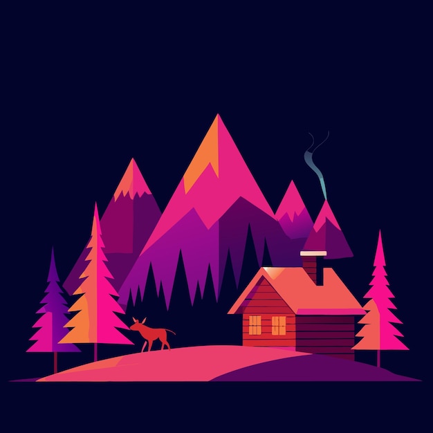 a cabin with a deer in the background and a deer in the foreground