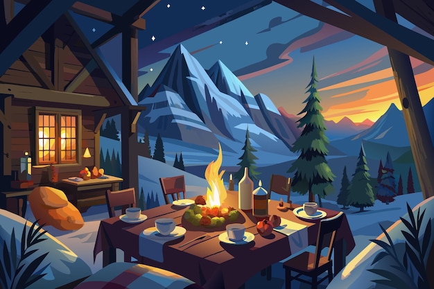 A cabin in the woods with a table set for a meal