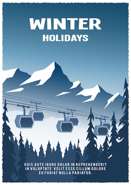 Cable railway car on winter landscape background