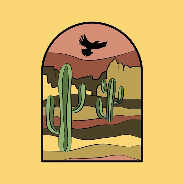 Vector cacti in the desert, a bird in the sky. desert-themed vector graphics for t-shirt prints, posters and other purposes.