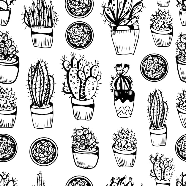 Cacti scandinavian style graphic vector illustration hand drawn doodle sketch set patern seamless