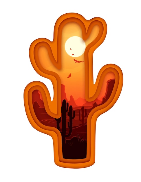 Vector cacti silhouette with mexican desert landscape