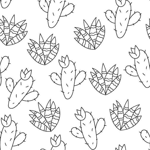 Cactus cacti succulent seamless print cover background pattern doodle line hand drawn style