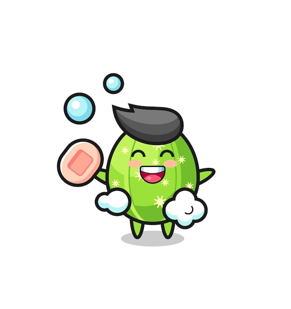 Cactus character is bathing while holding soap