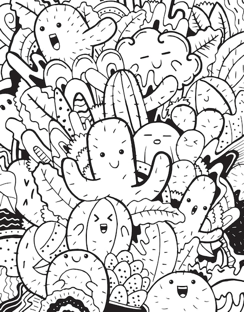 Cactus Characters Doodle in Cartoon Style