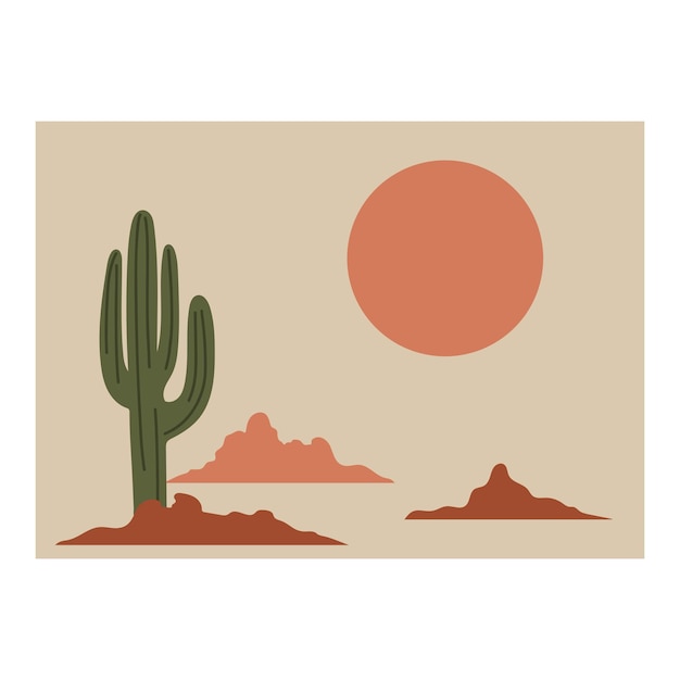 Vector cactus in desert plant on sunset background arizona landscape wild west symbol western print or emblem hand drawn cartoon flat isolated vector illustration